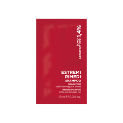 Una bustina campione da 10 ml di Shampoo Riparatore, con informazioni dettagliate sui benefici per i capelli fragili e danneggiati e sulla formula Bond Architect CPX all'1,4.