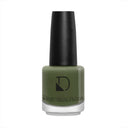 A bottle of Shady Lady Nails - Smalto Per Unghie in olive green, featuring a black cap and Diego dalla Palma branding on the clear glass base, showcases an anti-sbeccamento formula for lunga tenuta, set against a plain white background.