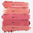 Five swatches of lipstick shades—41 Corallo perlato, 42 Salmone, 43 Rosa, 44 Biscotto, and 45 Pesca—are displayed in horizontal streaks on a white background. Perfect for creating cohesive looks with your favorite ALL IN ONE - BLUSH or pairing seamlessly with this versatile blush for a fresh finish.