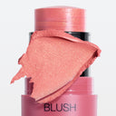 A close-up of the ALL IN ONE - BLUSH stick in a soft pink shade, with a shimmering swatch of blush product smeared across the top to showcase its texture and luminous color. The packaging is labeled ALL IN ONE - BLUSH, emphasizing this versatile make up viso essential.