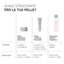Una tabella mette a confronto tre detergenti per il viso, descrivendone la consistenza e il tipo di pelle ideale per ciascuno: un balsamo detergente, una crema in mousse e lo Struccante Bifasico Istantaneo. Ogni prodotto è illustrato visivamente sopra la relativa descrizione. Lo Struccante Bifasico Istantaneo agisce come un potente struccante bifasico, risultando particolarmente efficace nel rimuovere anche il trucco waterproof più ostinato grazie alla sua formula bifasica simile a quella dell’acqua