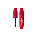 A red MINI SIZE MYTOYBOY mascara tube with the cap removed and set upright beside it reveals a curved wand. Bold white text on the tube adds a striking look.